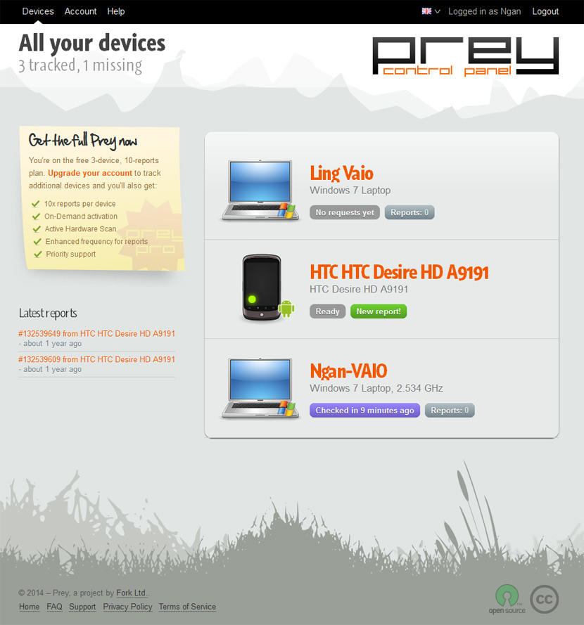 This page allows you to manage your device's settings as well as Prey's. If your device ever gets out of sight, you'll need to quickly return here and mark it as missing. This way Prey will begin to work its magic. You can also activate different modules and check if there are new reports to be seen.