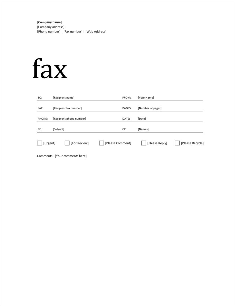 Screenshot of fax cover template in Microsoft Docx format