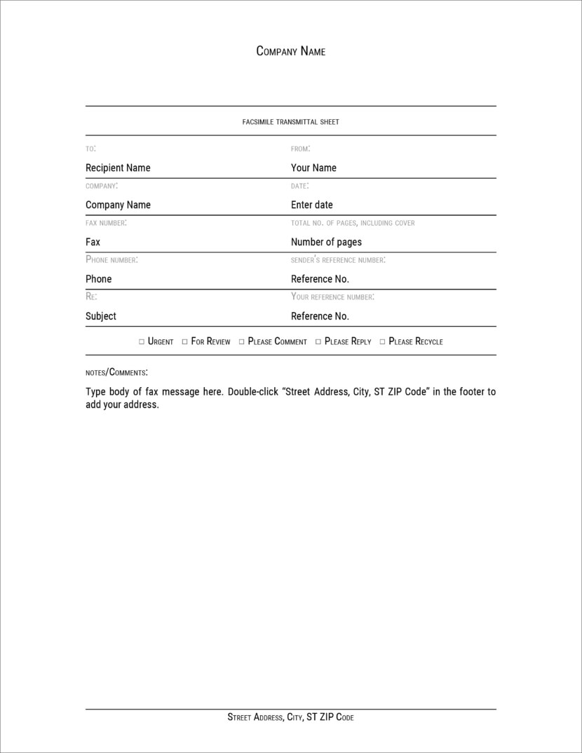 Screenshot of fax cover template in Microsoft Docx format