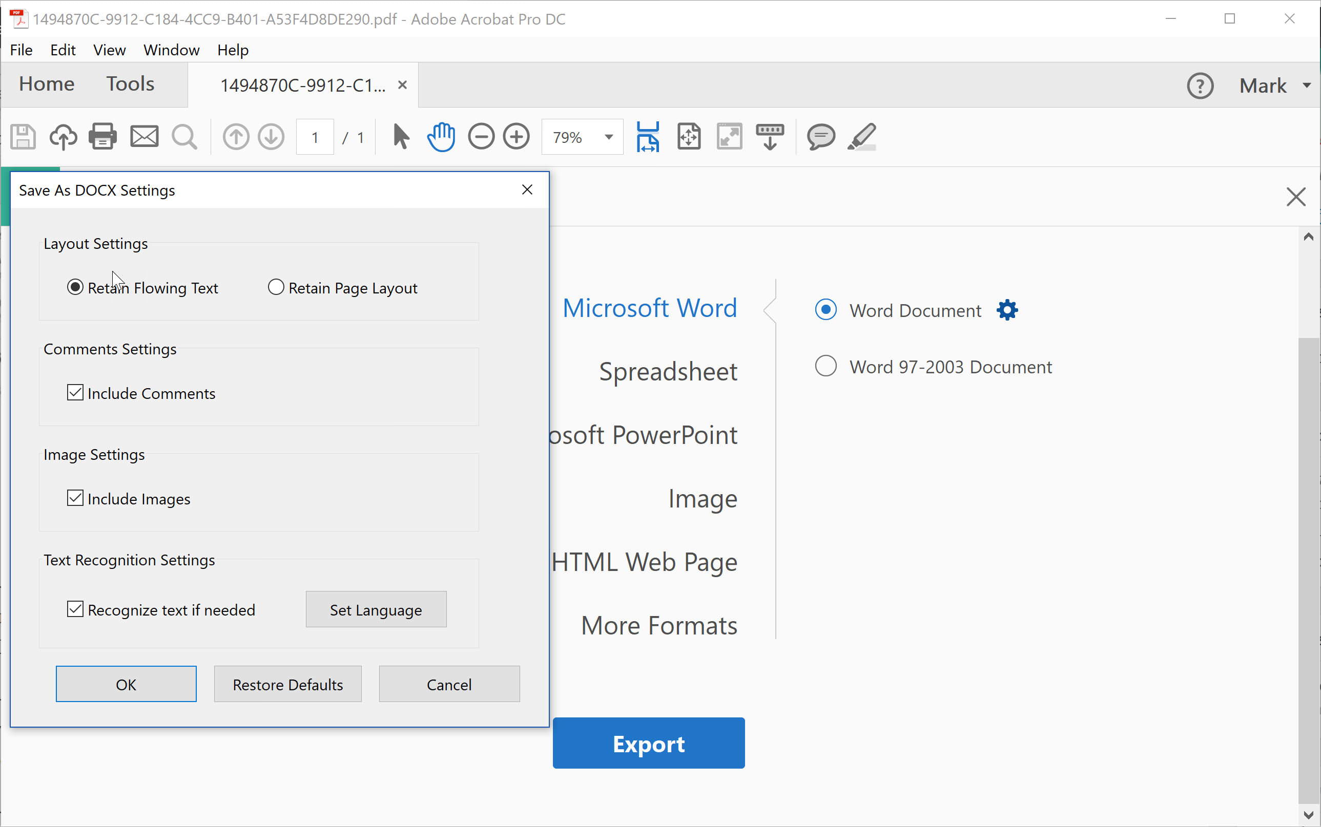 change to pdf to word document