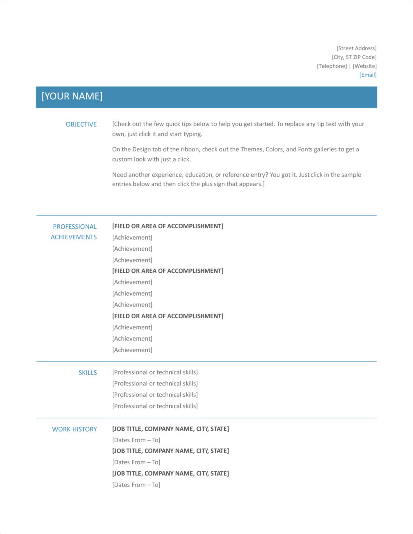 Screenshot of resume and CV template in Microsoft Office Docx format or Google Docs format that is available for download for free