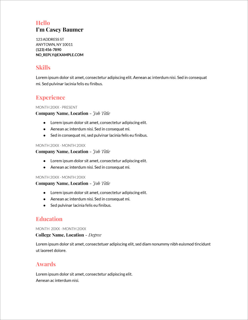 Screenshot of resume and CV template in Microsoft Office Docx format or Google Docs format that is available for download for free