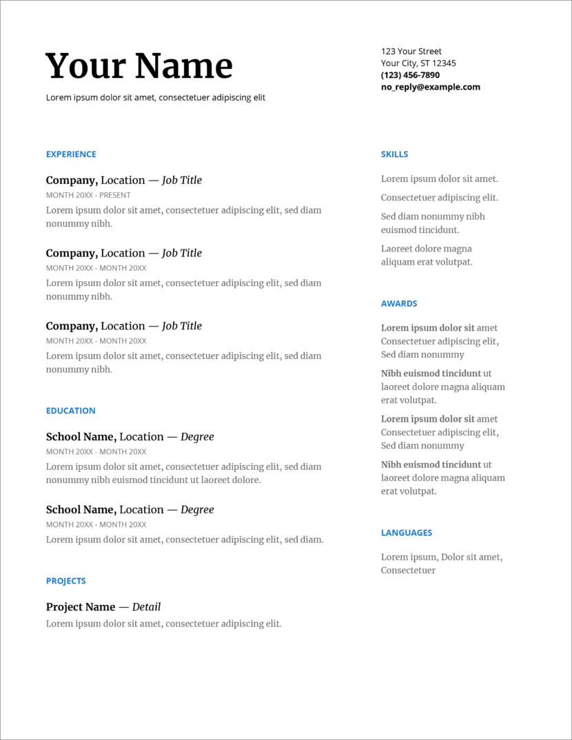 Screenshot of resume and CV template in Microsoft Office Docx format or Google Docs format that is available for download for free