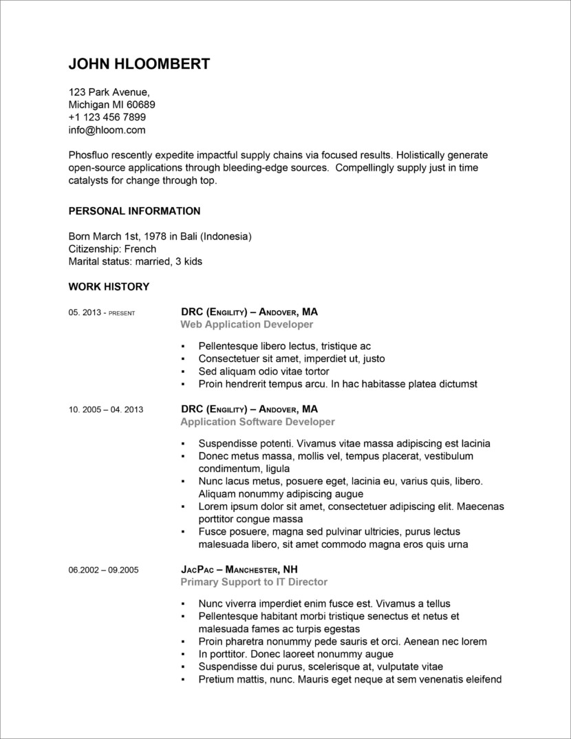Screenshot of resume and CV template in Microsoft Office Docx format or Google Docs format that is available for download for free