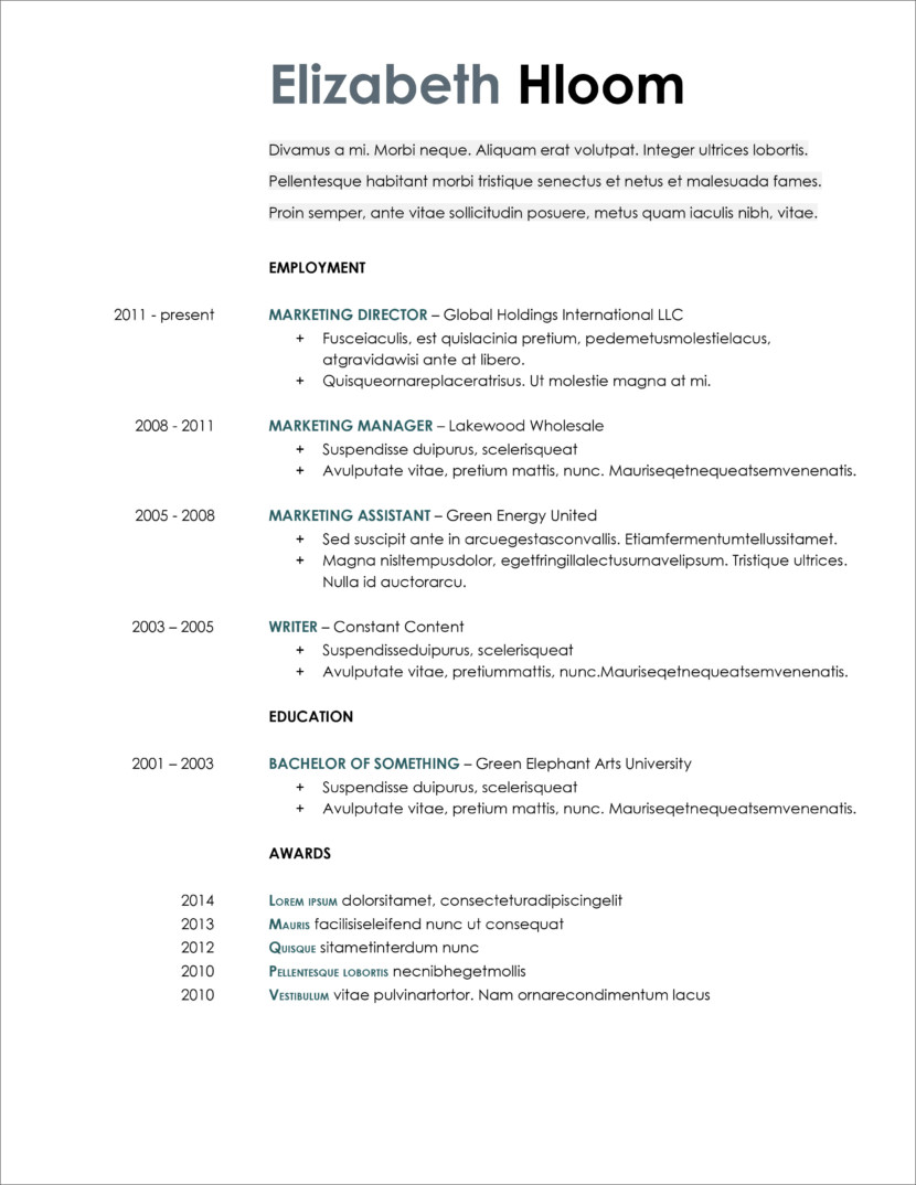 Screenshot of resume and CV template in Microsoft Office Docx format or Google Docs format that is available for download for free