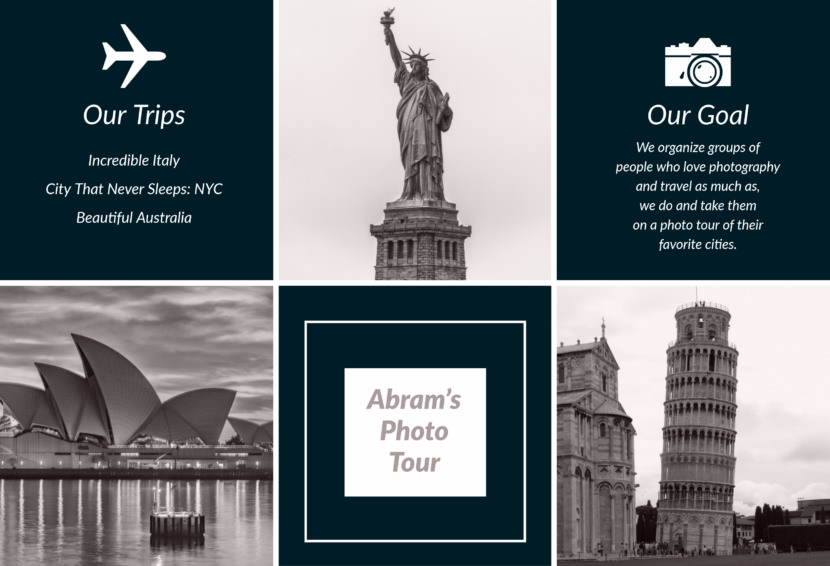 Screenshot of travel brochure template, Airplane and travelling design
