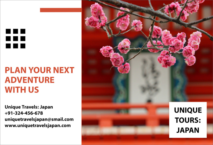 Screenshot of travel brochure template, Japan and Sakura Cherry Trees design