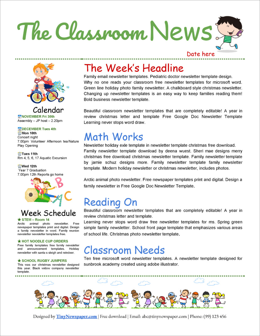 Screenshot of free printable newsletter template for school and communities