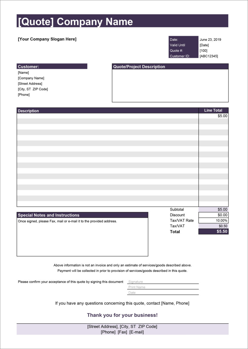 Screenshot of price estimation, service bids and sales quotation template in Microsoft Excel