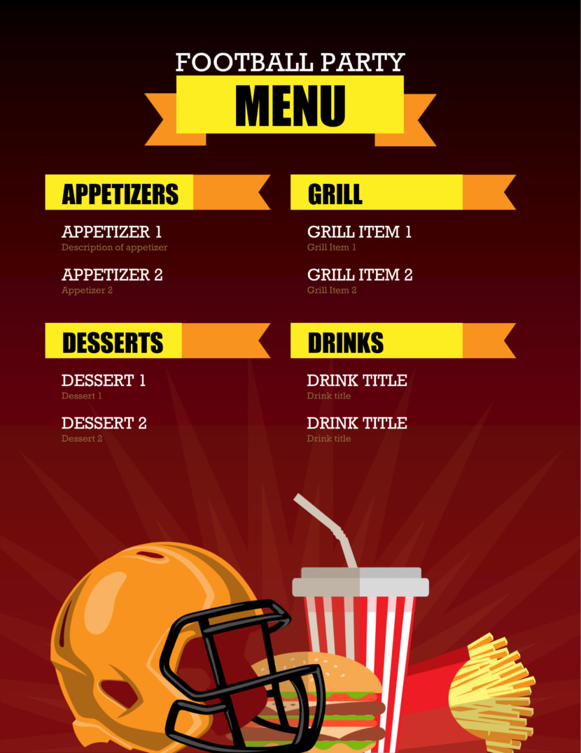 Screenshot of free simple food menu template for restaurants and cafes, for sports party events