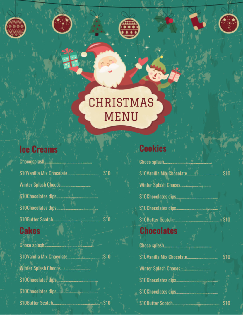 Screenshot of free simple food menu template for restaurants and cafes, for Christmas party