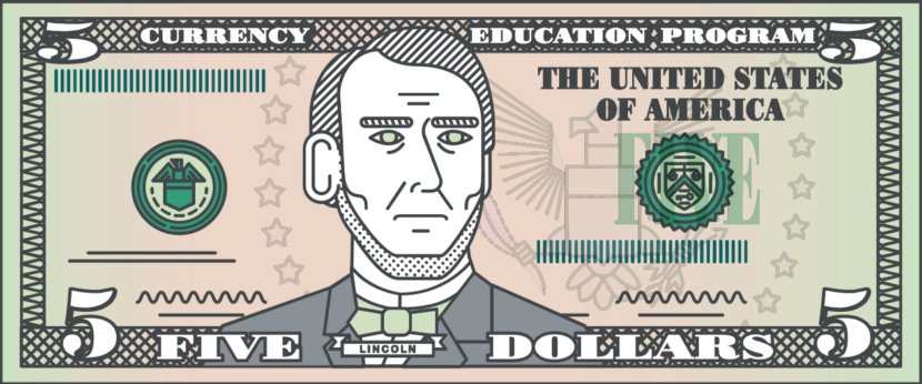 printable US banknote 5 dollar play money