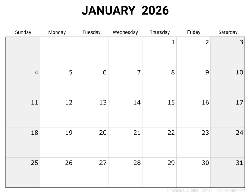 Download printable January 2026 blank monthly calendar