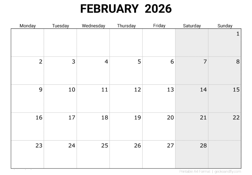 Download printable Februaryy 2026 blank monthly calendar
