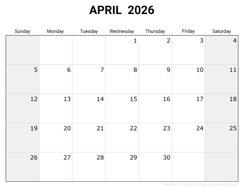 Download printable April 2026 blank monthly calendar