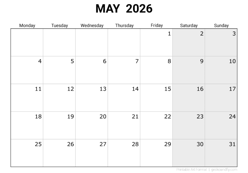 Download printable May 2026 blank monthly calendar