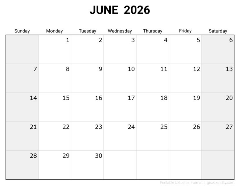 Download printable June 2026 blank monthly calendar