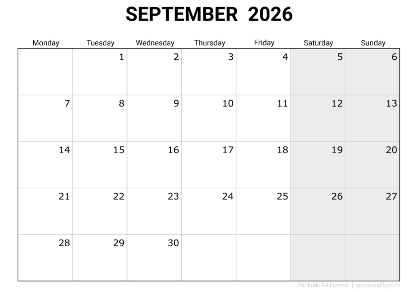 Download printable September 2026 blank monthly calendar