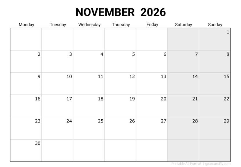 Download printable November 2026 blank monthly calendar