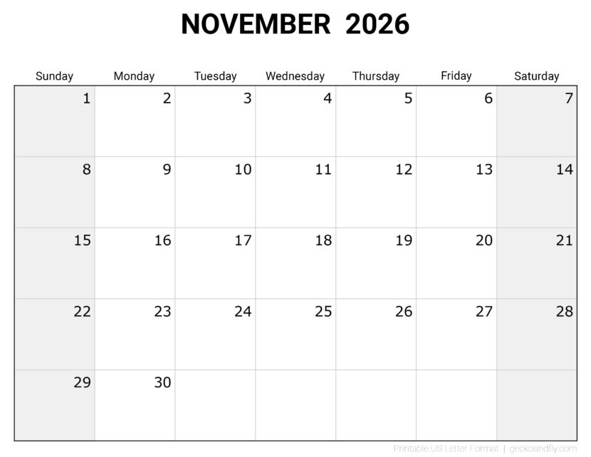 Download printable November 2026 blank monthly calendar