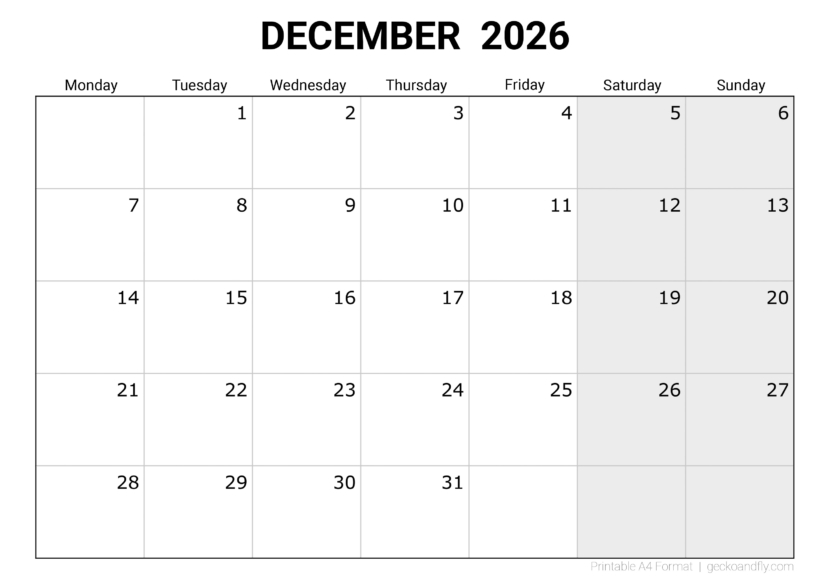 Download printable December 2026 blank monthly calendar