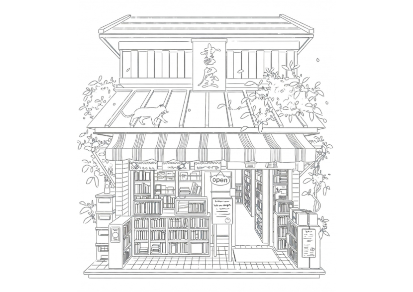 free printable adult coloring Sheet of Japanese store front