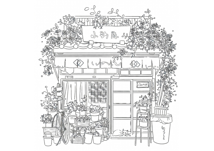 free printable adult coloring Sheet of Japanese store front