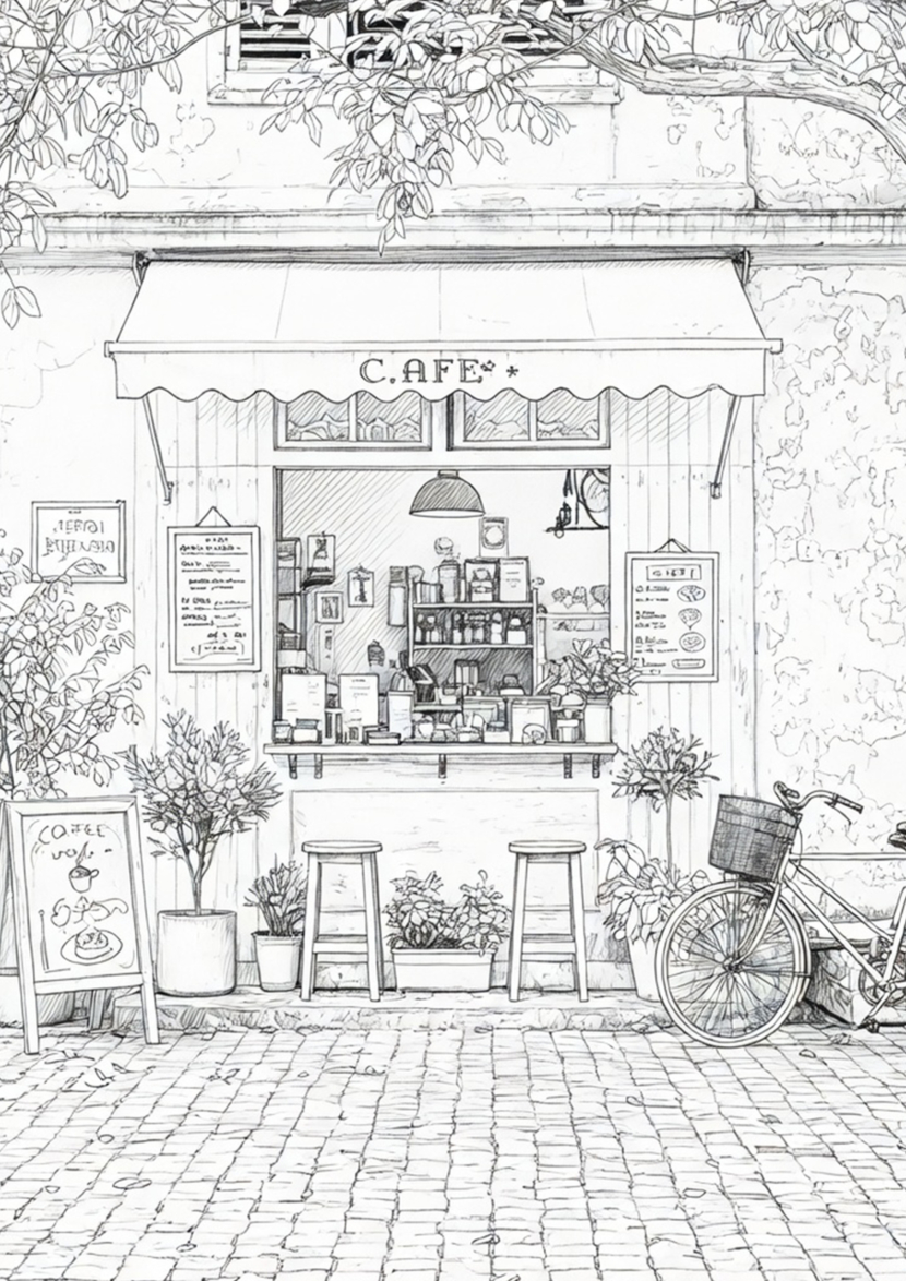 free printable adult coloring Sheet of street cafe