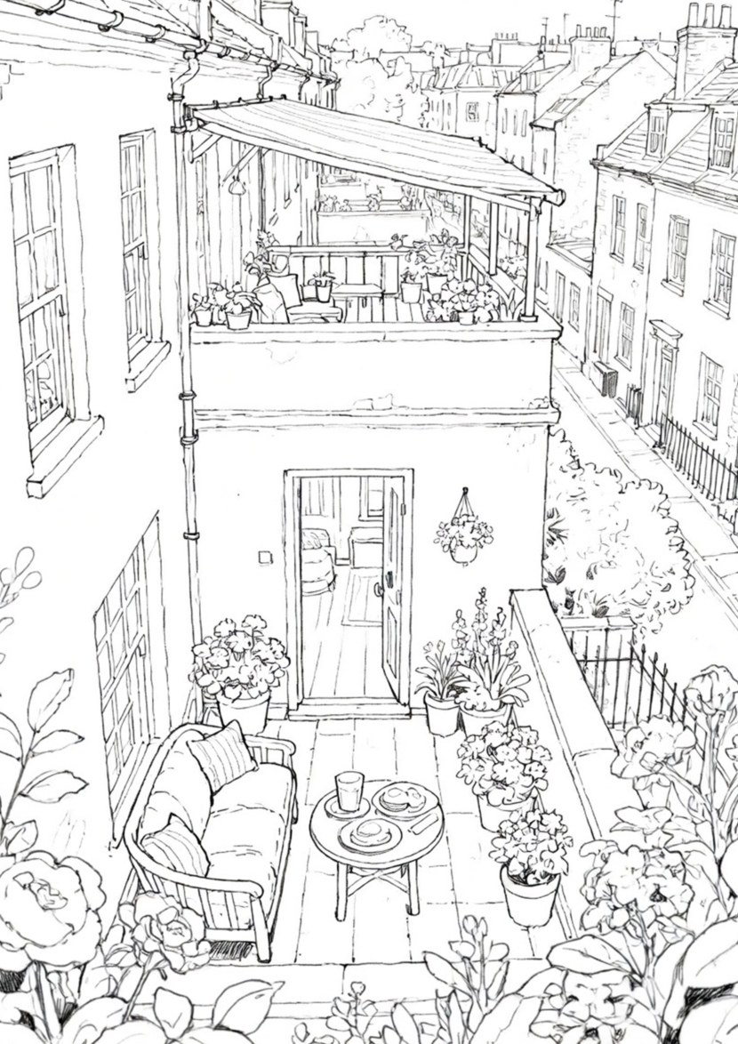 free printable adult coloring Sheet of roof top