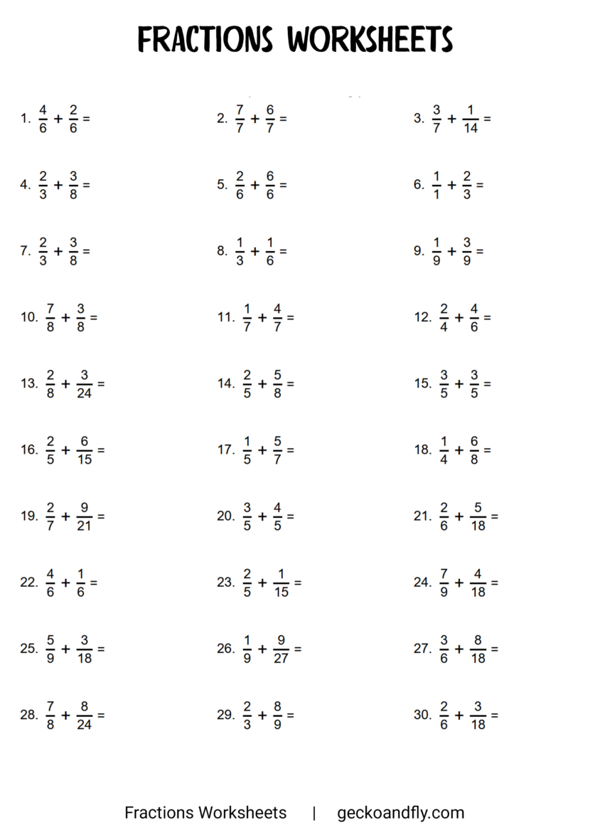 Free Printable Fractions Worksheets