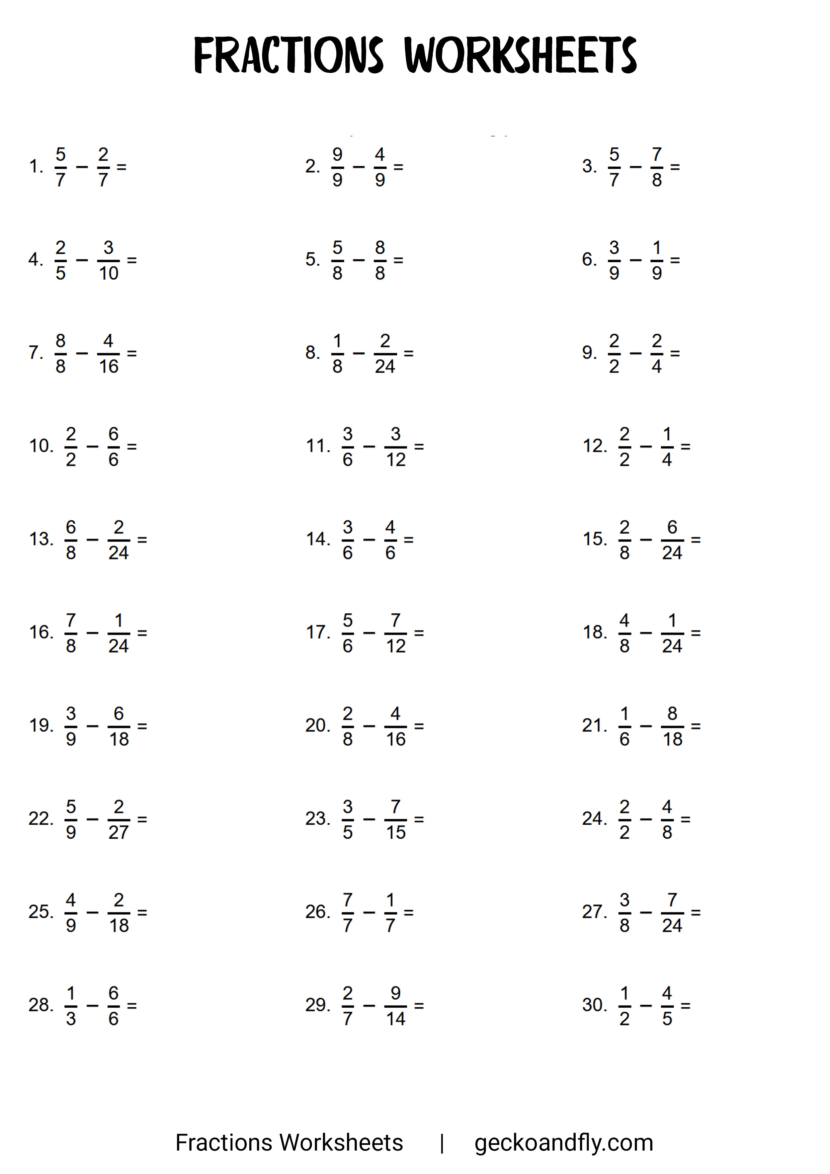 Free Printable Fractions Worksheets